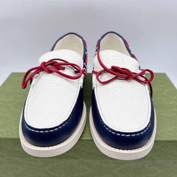 Gucci Riverside Leather Boat Shoe Loafer Moccasin Blue Mens UK 8.5 US 9 $890 - Picture 2 of 12